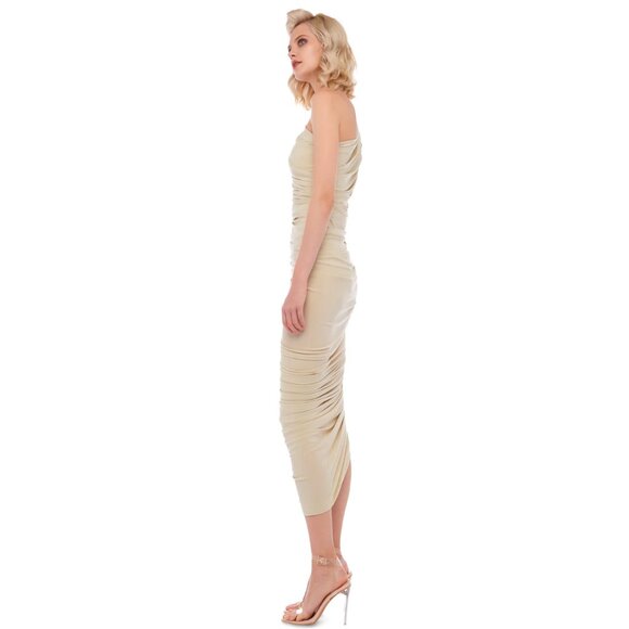 Norma Kamali Diana White Off Shoulder Shirred Stretchy Fitted Midi Dress sz S - Picture 12 of 15